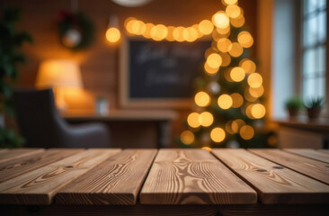 Cozy wooden table with blurred christmas tree and warm lighting in the background