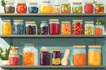 Shelf with colorful canned fruits and vegetables in jars.