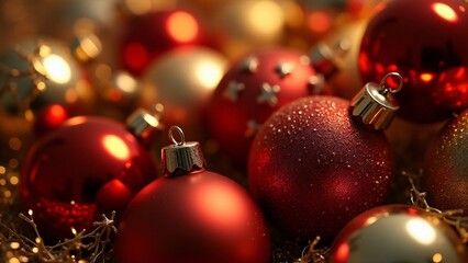 Fototapeta premium shiny glass ornaments in red, gold, and silver