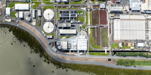 Top down view of Watercare waste water treatment plant in Mangere, Auckland, New Zealand
