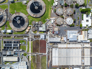 Top down view of Watercare waste water treatment plant in Mangere, Auckland, New Zealand