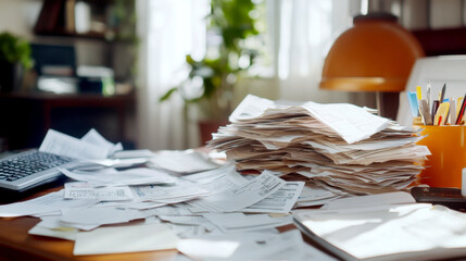 Desk filled with overwhelming piles of bills and cluttered paperwork