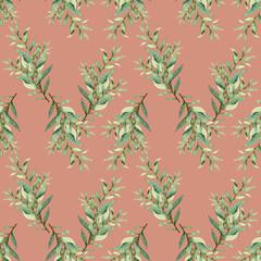 Watercolor greenery seamless pattern, floral texture on pink background