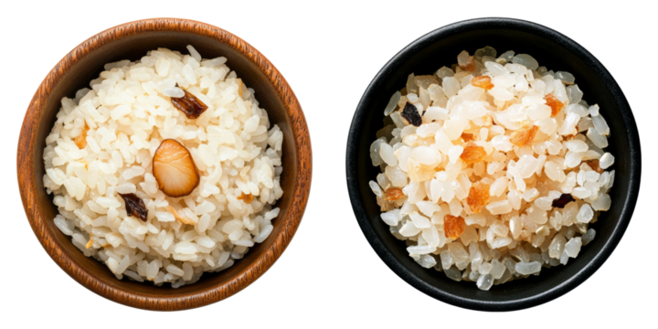 Two bowls of rice, one featuring white grains and nuts, the other with colored rice, showcasing variety in textures and ingredients.