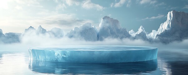 Ice podium background snow winter product platform cold mountain 3D. Podium ice display background cosmetic sky floor blue scene landscape frozen white cool stand pedestal minimal rock glacier nature.