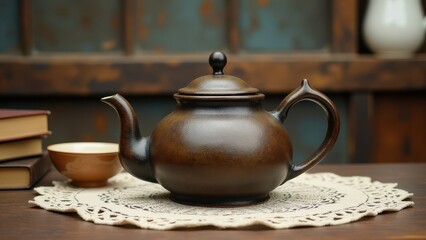 Vintage teapot for farmhouse decor. A rustic brown teapot sits on a lace doily, surrounded by books, a small pumpkin, and a cup, creating a cozy autumn scene.