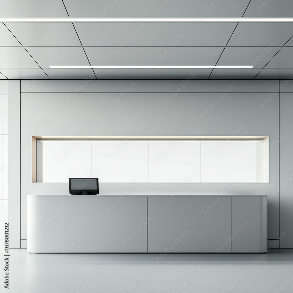 Poster modern white reception desk with computer.