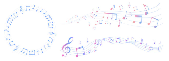 カラフルな五線譜のフレームイラストセット　五線譜　背景イラスト　音符、休符、音楽記号のイラスト