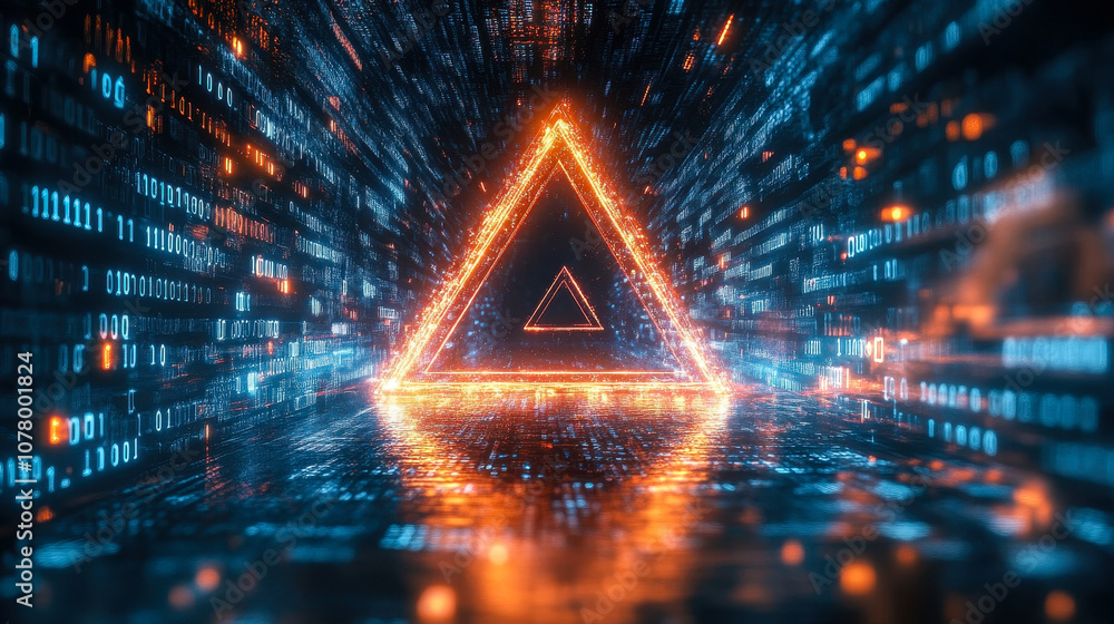 Poster futuristic digital matrix with binary code flowing through illuminated triangle gateway