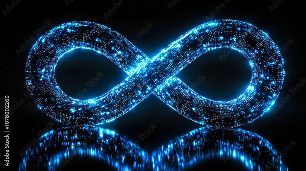 Poster glowing blue binary code infinity symbol on black background for technology concepts