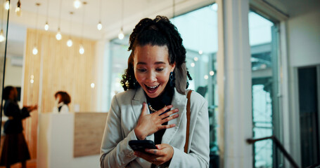 Business woman, phone and surprise at hotel, lobby and smile with good news, deal or promotion on trip. Person, smartphone and happy with shock, goals or success with giveaway with online competition