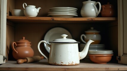 Vintage teapot for farmhouse decor. A weathered teapot stands on a rustic shelf, surrounded by vintage bowls, plates, and a rolling pin, in a cozy kitchen setting.