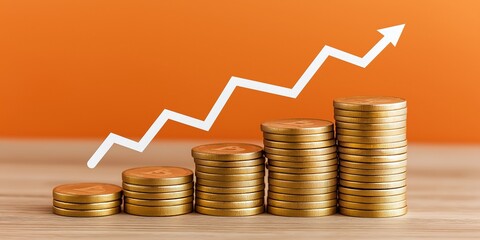 A growing stack of gold coins with an upward trending graph symbolizes financial success and investment growth against a vibrant orange background.