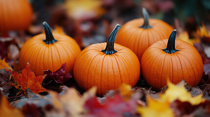 Close-up of pumpkins and autumn leaves, showcasing the beauty of the fall season in the background