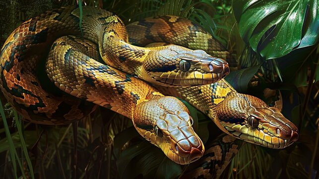 Close-Up of a Python Snake in a Lush Tropical Jungle