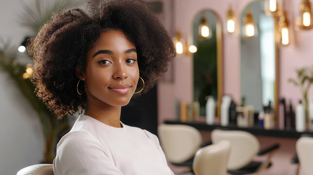 Portrait of a black afro american woman running a beauty salon with hair styling tools, salon chairs and mirrors softly blurred in background