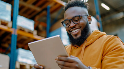 Fototapeta premium Portrait of an happy black afro american man managing a logistics company reviewing shipment and arrivals details on a tablet, warehouse with merchandise on pallet softly blurred in background
