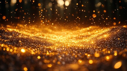 Golden glittering particles floating in dark