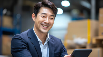 Portrait of a young Asian american man managing a logistics company reviewing shipment and arrivals details on a tablet, warehouse with merchandise on pallet softly blurred in background