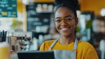 A smiling barista in a cafe, engaging with a tablet and showcasing a friendly atmosphere.