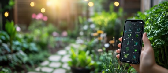 Hand holding a smartphone with a plant care app open, with a blurred background of a green garden.