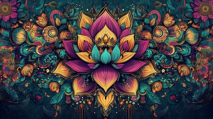 A vibrant, psychedelic lotus flower with intricate details, surrounded by a kaleidoscope of colors and patterns.