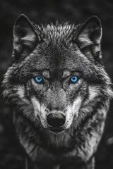 Fototapeta premium A striking black and white portrait of a wolf with mesmerizing blue eyes staring directly into the camera. Generative AI