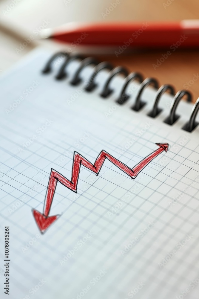 Poster red arrow pointing down on graph paper.