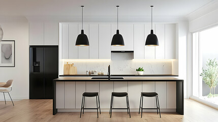 A modern kitchen with sleek white cabinets, black kitchen island and hanging lamps.