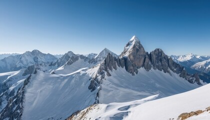 mountain peaks covered in snow with a clear blue sky, breathtaking landscape