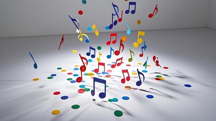 A set of colorful musical notes raining down - A playful image of brightly colored musical notes raining down like confetti over a blank canvas, creating a festive and rhythmic atmosphere.