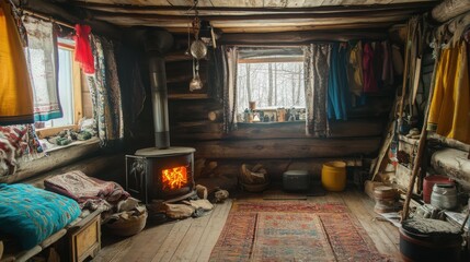 rustic Yakutian log cabin interior, fire crackling, traditional decor, sanctuary from harsh winter