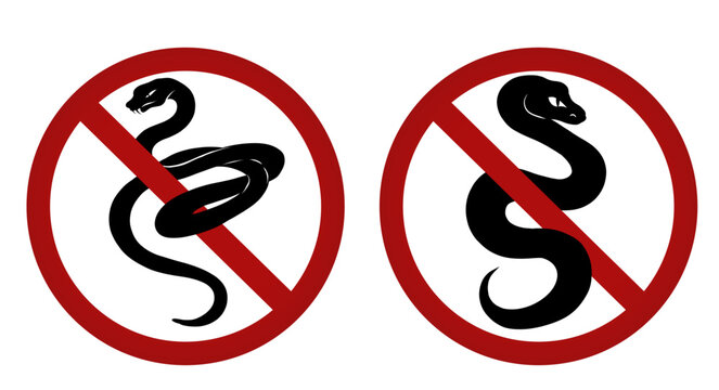 Vector set of prohibition signs with black silhouettes of snakes. Collection of forbidden badges. Do not touch wild snakes. Danger of poisonous bite.