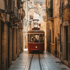 Fototapeta premium Red tram travels down cobblestone street.