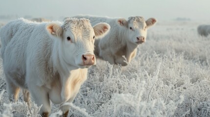 Fototapeta premium Yakut cattle in winter pasture, strong and resilient, frosty grass, quiet tundra landscape