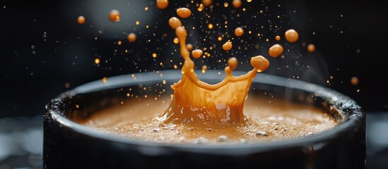Close-up of a coffee splash in a black mug with droplets of coffee flying in the air.