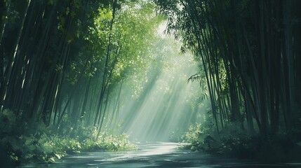 Obraz premium Sunlight streams through dense bamboo forest, creating a mystical pathway.