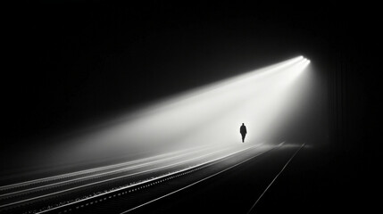 solitary figure walks along train tracks illuminated by beams of light, creating dramatic contrast in dark environment. scene evokes sense of mystery and solitude