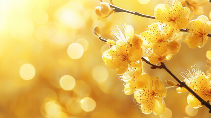 Branch with yellow apricot or cherry flowers on a yellow defocused background. Bokeh and lights. Tet, Lunar New Year or Chinese New Year card background, copyspace for your text. Spring flowers.
