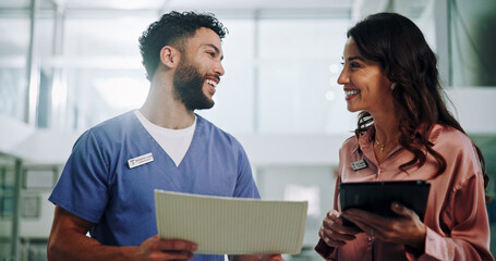 Hospital chief, consultant and planning with doctor and woman for documents, schedule and feedback. Teamwork, advice and medical with people in clinic for healthcare compliance, nurse and insurance