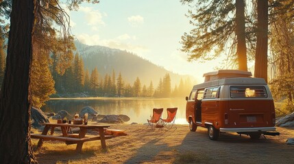 Obraz premium A vintage camper van parked by a lake in a scenic mountain setting at sunset, with a picnic table and two chairs set up.