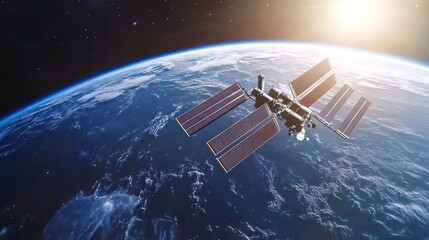 A spacecraft orbits Earth, with the sun rising in the distance.
