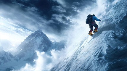 A mountain climber climbing the side of an icy, snowy peak, with dramatic clouds overhead, realistic photography