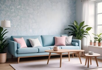 Scandinavian living room interior design zoom background,Doodle patterned wallpaper graphics