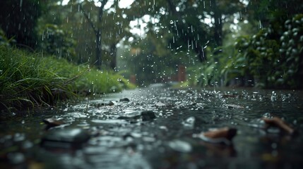 Fototapeta premium Rain Drops Falling on Wet Pavement, Close Up View