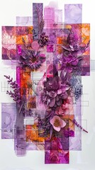 A vibrant collage of purple flowers and abstract shapes showcasing artistic creativity through layered textures and colors