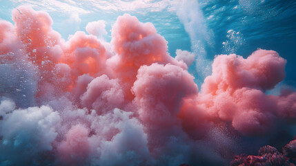 Underwater Clouds of Pink and White Bubbles Rising to the Surface in Blue Ocean
