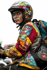 Obraz premium Man in colorful clothes and helmet on a motorbike.