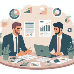 Partners meeting for business discussion with documents and laptop on desk. Couple at round table, speaking, discussing work, partnership. Flat vector on a white background