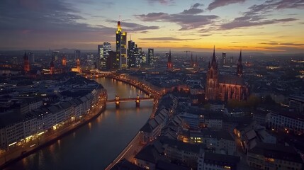 Aerial view of Frankfurt cityscape at dusk with the river Main flowing through the city.